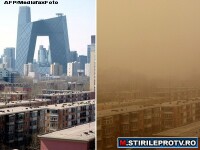 Beijing, intr-o zi normala (stanga) si intr-o zi cu furtuna de nisip
