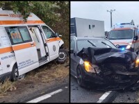 Ambulanţă cu doi pacienţi, izbită de un autoturism