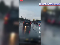 Imagini inedite în Pitești. Un șofer a plecat din benzinărie cu tot cu furtunul de alimentare