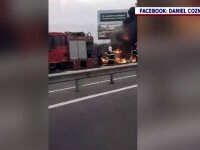 O dubă a ars pe Autostrada București-Pitești. Șoferul s-a salvat la timp