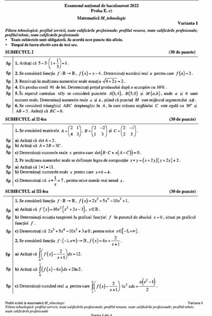 Subiecte Bac Matematică Mate-Info