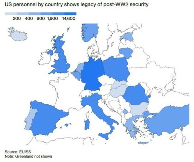 hartă care arată prezenţa personalului militar american în Europa, pe ţări