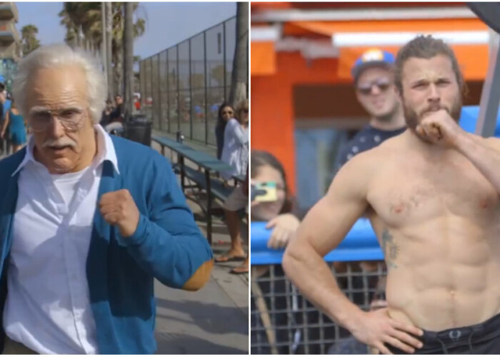 Un musculos a vrut sa-i dea rusine unui bunic care s-a dus la MuscleBeach, dar s-a facut de ras :) Farsa geniala