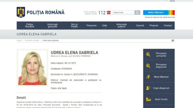 Elena Udrea a fost dată în urmărire generală de Poliția Română