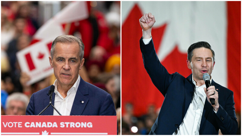 Mark Carney, șeful partidului de la putere din Canada și Pierre Poilievre, șeful opoziției