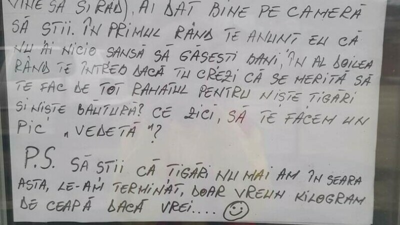 Mesajul lăsat de patroana unui magazin din Huși pentru un hoț, pe geamul de la intrare: ”Nu ai nicio șansă să găsești bani”