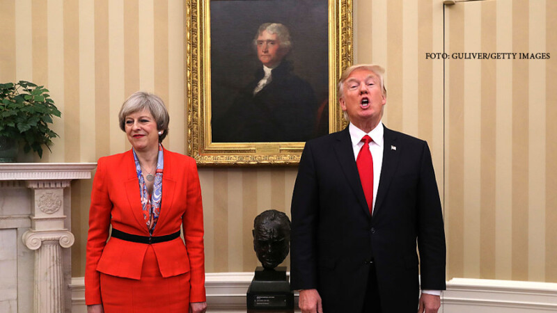 British Prime Minister Theresa May looks on as U.S. President Donald Trump speaks in The Oval Office at The White House on January 27, 2017 in Washington, DC