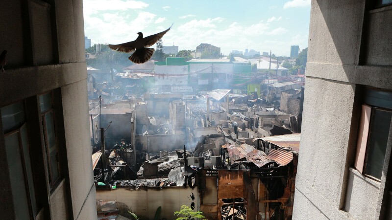 Un porumbel zboară peste un cartier mistuit de flăcări, în orașul filipinez Quezon