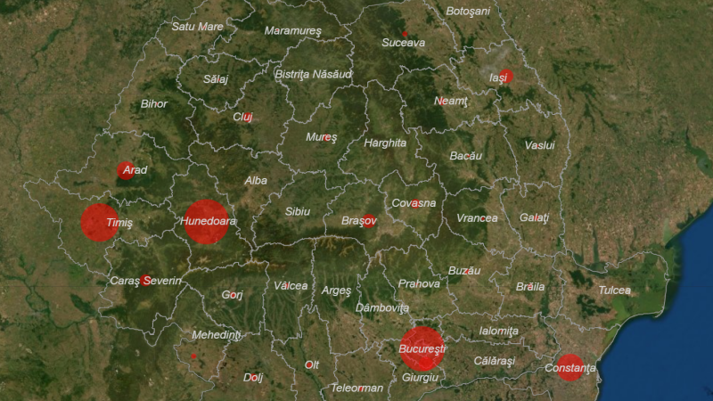 harta cazurilor de coronavirus in Romania marti 17martie