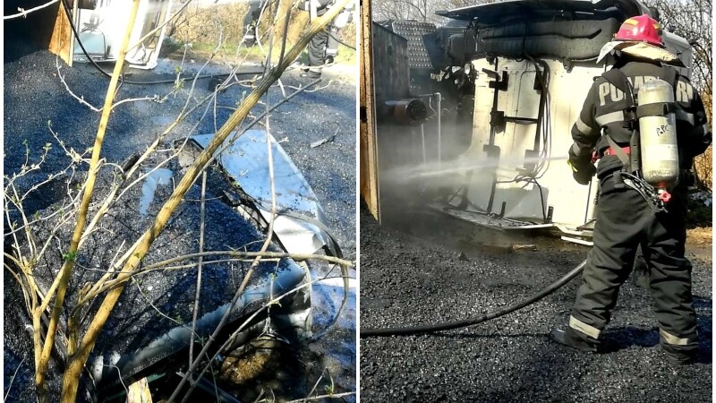 Șofer ars de bitumul fierbinte căzut dintr-un camion răsturnat