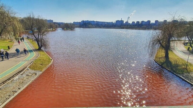 Apele Române au descoperit de ce apa din lacul IOR a devenit roșie. Este o algă, care nu e toxică