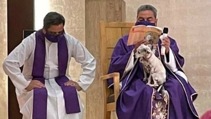 Un preot a ținut Sfânta Liturghie cu un câine în brațe.