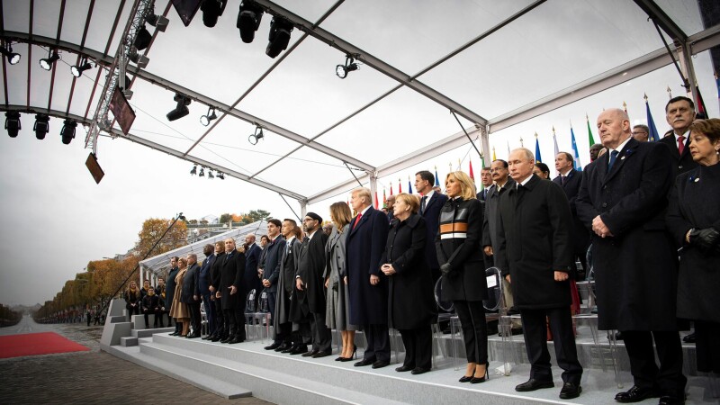 Vladimir Putin, Donald Trump, Emmanuel Macron, Angela Merkel