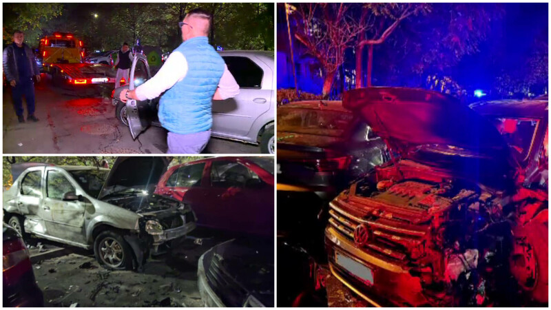 Accident grav în București. O șoferiță a pierdut controlul volanului și a lovit 13 mașini parcate pe o strădă