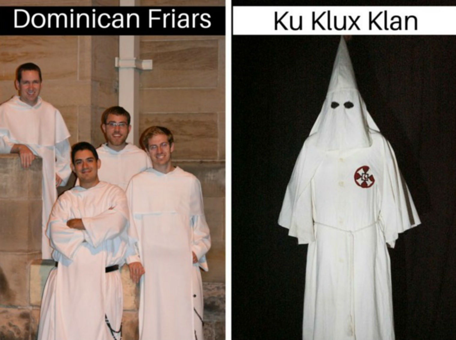 Un calugar dominican, confundat cu un membru Ku Klux Klan, intr-un campus universitar. 