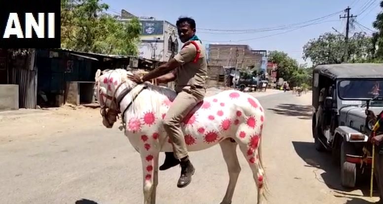 Un polițist din India și-a vopsit calul cu imaginea coronavirusului în culoarea roz