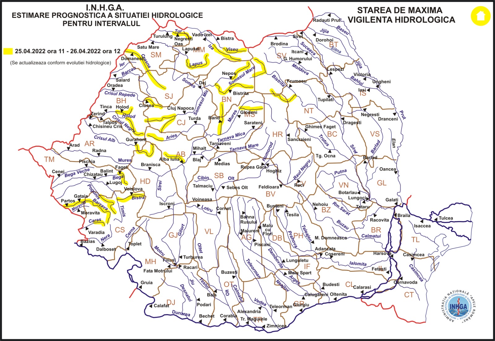 Hidrologii anunţă cod portocaliu şi cod galben de inundaţii în Satu Mare, Maramureş, Sălaj, Bistriţa Năsăud, Cluj şi Suceava