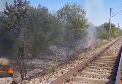 Incendiu puternic de-a lungul unei căi ferate, pe o lungime de 10 kilometri, în Dolj. Video