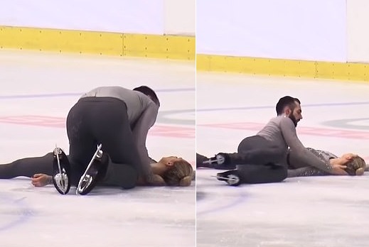 Moment horror în patinaj: a leșinat după ce a fost scăpată în cap de partener