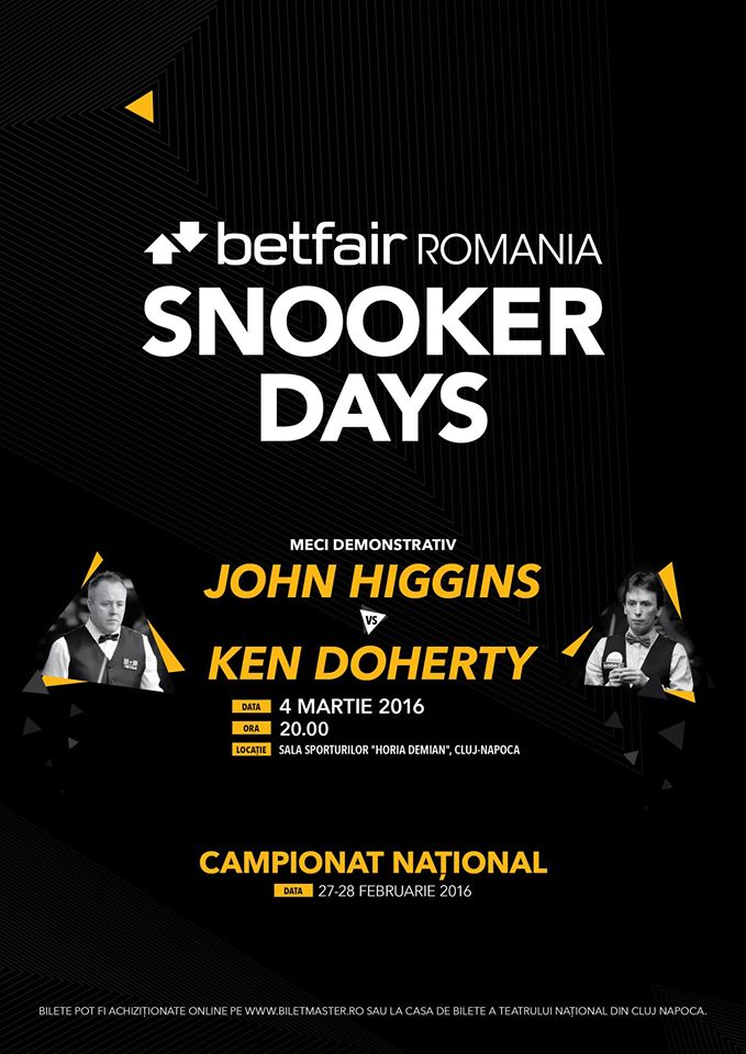 Snooker de talie mondiala in martie la Cluj. John Higgins si Ken Doherty vin la BETFAIR ROMANIA SNOOKER DAYS