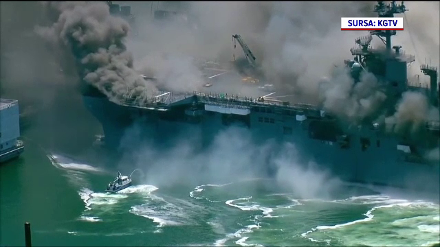 VIDEO. Incendiu urmat de explozii la bordul unui portavion american. 18 militari au fost răniţi