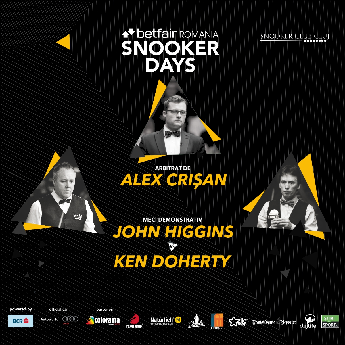 Spectacol de snooker la Cluj! Campionii mondiali John Higgins si Ken Doherty versus jucatori romani