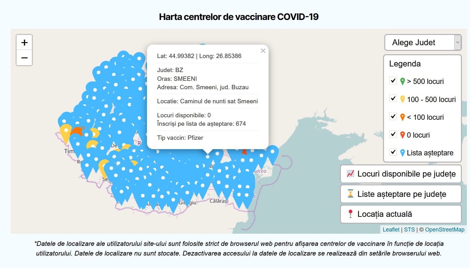 Hartă interactivă a centrelor de vaccinare, pe tipuri de vaccin, în platforma de programare