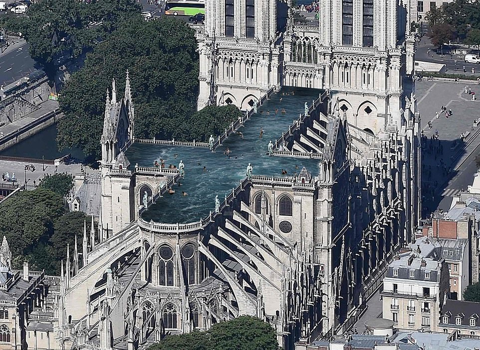 Piscină pe acoperișul Catedralei Notre Dame. Reacția francezilor. GALERIE FOTO