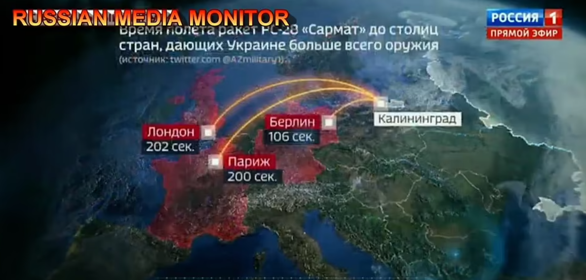 Simulare a unui atac nuclear asupra Europei la o televiziune de stat din Rusia. Rachetele ar lovi Berlinul în 106 secunde