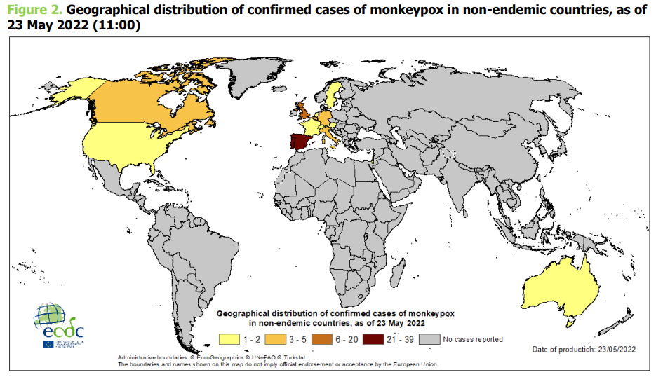 Harta infectărilor cu variola maimuței. ECDC: Riscul de infectare pentru populaţia generală este „foarte scăzut”