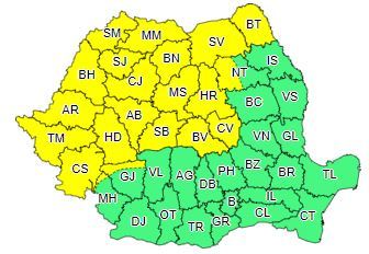 Cod galben de furtuni, până joi dimineaţă, în 21 de judeţe din Maramureş, Transilvania, Banat, Crişana şi nordul Moldovei