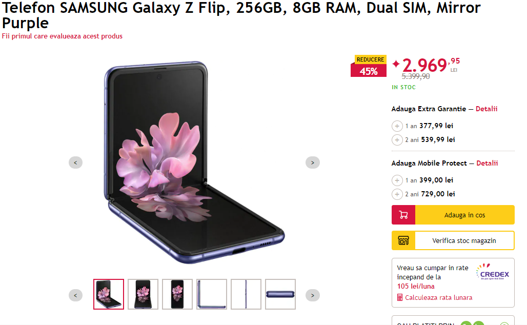 45% reducere la Telefon Samsung Galaxy Z Flip. Reduceri uriașe la telefoane la eMAG