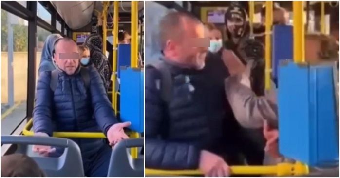 Bărbat fără mască în autobuz, pălmuit de o femeie, în Cluj. Individul își exprima public convingerile antivacciniste | VIDEO