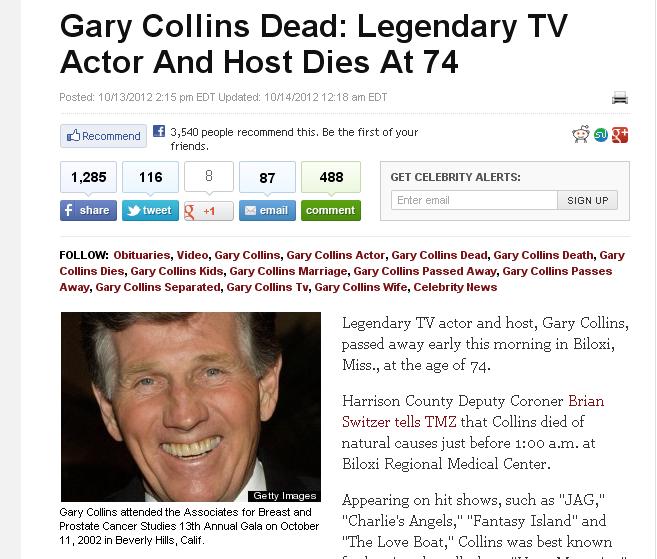 Actorul si prezentatorul TV de Emmy, Gary Collins, a murit la varsta de 74 de ani